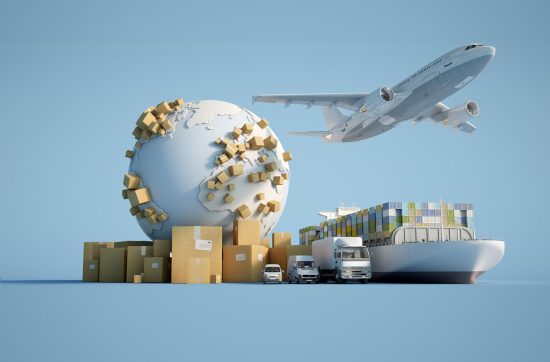 earth surrounded by cardboard boxes cargo container ship flying plan car van truck