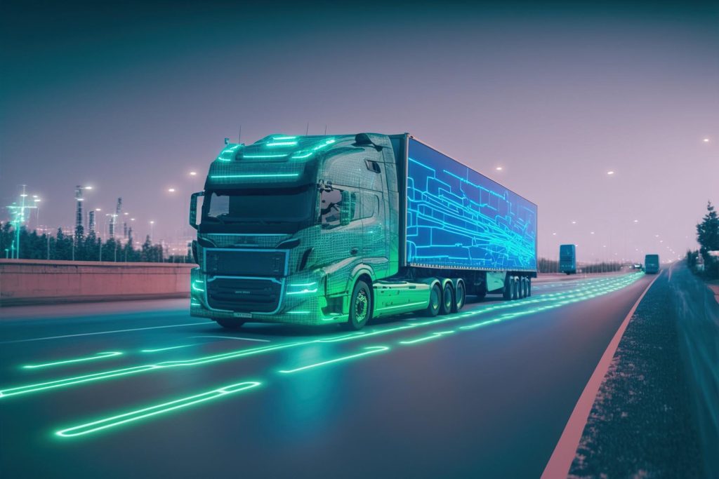 self driving futuristic freight truck deliver goods warehouse city highway